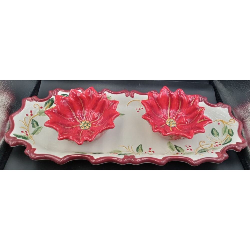 3 pc Set Christmas Poinsetta Condiment Set Bowls and Serving Platter